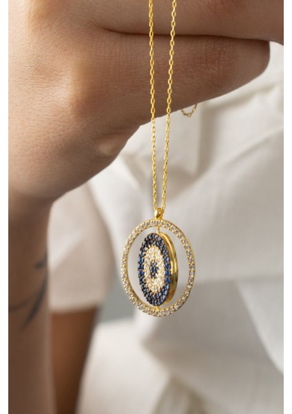 925 Ayar Gümüş Isimli Nazarlı Çift Taraflı Kolye