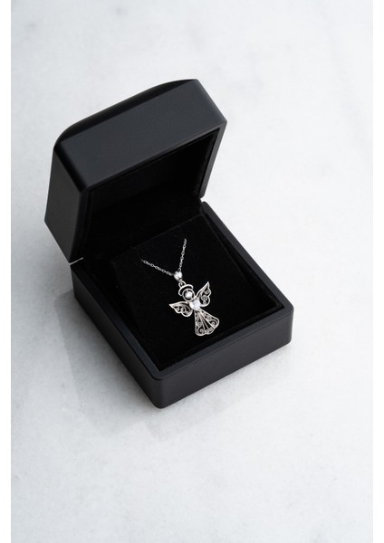 925 Ayar Gümüş Işıklı Kutu Kalp Tektaş Melek Kolye