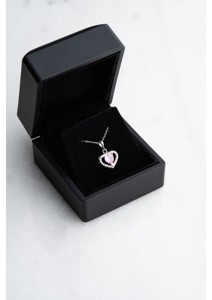 925 Ayar Gümüş Işıklı Kutu Pembe Taşlı Kalp Kolye