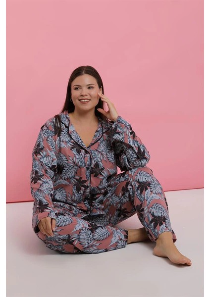 Kadın Büyük Beden Somon Yaprak Desenli Düğmeli Pijama Takımı indirimleri