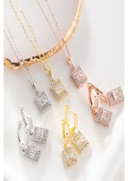 925 Ayar Gümüş Pırlanta Modeli Kolye-Küpe Takı Seti