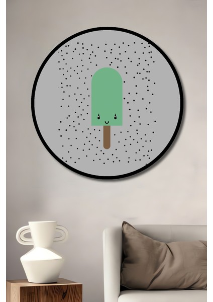 Dekoratif Ahşap Yuvarlak Çerçeve Görünümlü Tablo Mutlu Dondurma