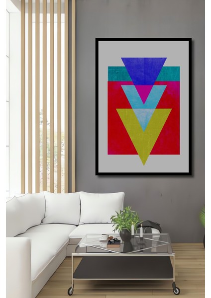 Dekoratif Ahşap Dikdörtgen Tablo Renkli Üçgenler Kompozisyonu Çerçeve Görünümlü