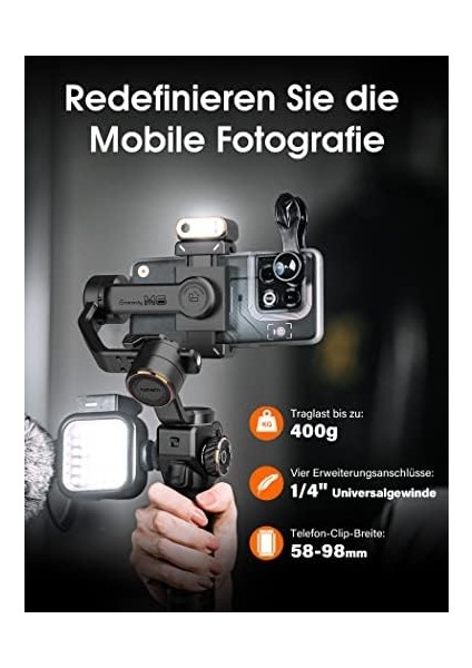 Isteady M6 Kit 3 Eksenli Cep Telefonu Stabilizatörü, Manyetik Aı Izleyicili Gimbal Akıllı Telefon, Ayarlanabilir Cct/rgb Dolum Işığı, 0,91 Inç OLED Ekran, Maks. Taşıma Kapasitesi 400 G, Volgging modelleri