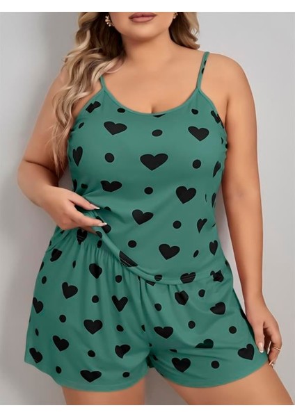 Büyük Beden Yeşil Kalp Desen Pamuklu Şortlu Pijama Takımı indirimleri