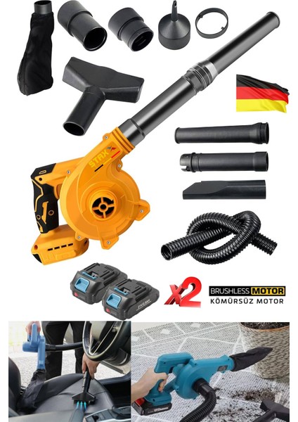 Tetikten Devir Ayarlı X2 Akülü Yaprak Kar Toz Üfleme Temizleme Araç Içi Temizleme Makinesi 40V 10AH