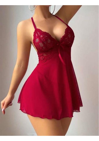 Bordo Dantel Işlemeli Boyundan Bağlamalı Likralı Fantezi Tül Gecelik fiyatları