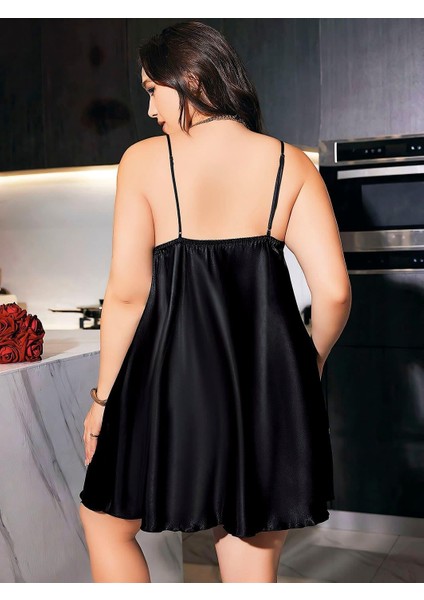 Büyük Beden Siyah Kelebek Desenli Ince Askılı Saten Gecelik fiyatları