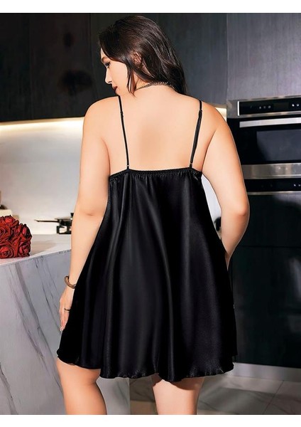 Büyük Beden Siyah Kelebek Desenli Ince Askılı Saten Gecelik fırsatları