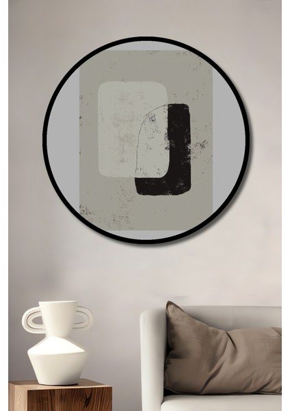 Dekoratif Ahşap Yuvarlak Çerçeve Görünümlü Tablo Soyut Sanat Kompozisyonu