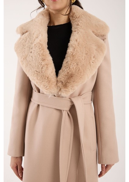 Yakası Kürklü Uzun Kaşe Kaban Bej - 40 modelleri