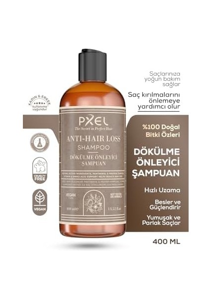 Pxel Saç Dökülme Karşıtı Şampuan 400 ml – Bitkisel Özlü, Kafein ve Biotin Destekli, Incelen ve Zayıflayan Saçlar Için Güçlendirici Vegan Şampuan