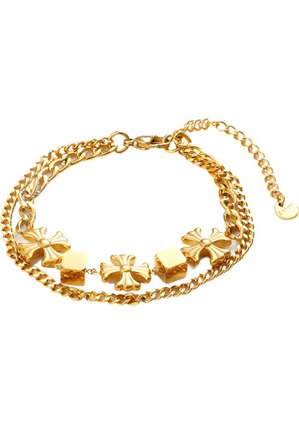 YUANYING-CH1118 Altın Çift Haçlı Paslanmaz Çelik Bileklik (Yurt Dışından)