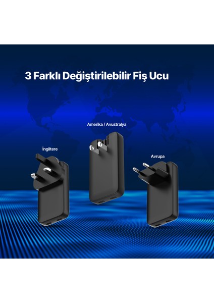 Smartcharger Trio Gan 65W Pd Avrupa-Ingiltere-Amerika/Avustralya Uluslararası İnce Tasarımlı Seyahat Şarj Kiti Siyah 2SCG06S modelleri