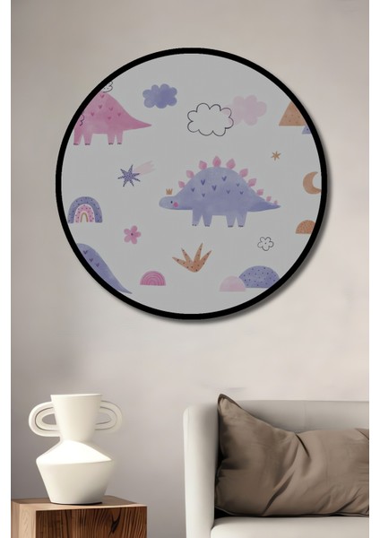 Dekoratif Ahşap Yuvarlak Çerçeve Görünümlü Tablo Renkli Dinozorlar