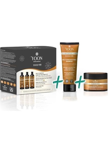 Yoon 3'lü Premium Uzun Süren Saç Düzleştirici & Saç Botoksu Kiti, Sülfatsız Tuzsuz Şampuan 250ML, Keratin ve Hyalüronik Asit Içeren Saç Maskesi 250ML, Saç Bakım Seti