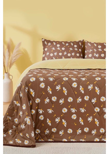 Kahve Papatyalı Çift Kişilik Pamuklu Kapitone Pike & Yatak Örtüsü