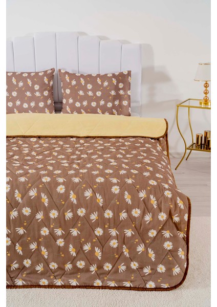 Kahve Papatyalı Çift Kişilik Pamuklu Kapitone Pike & Yatak Örtüsü
