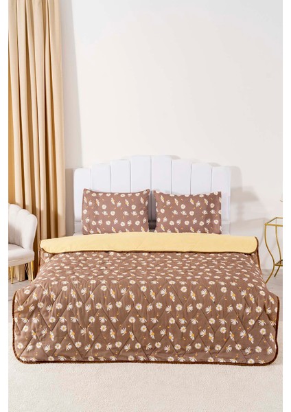Kahve Papatyalı Çift Kişilik Pamuklu Kapitone Pike & Yatak Örtüsü