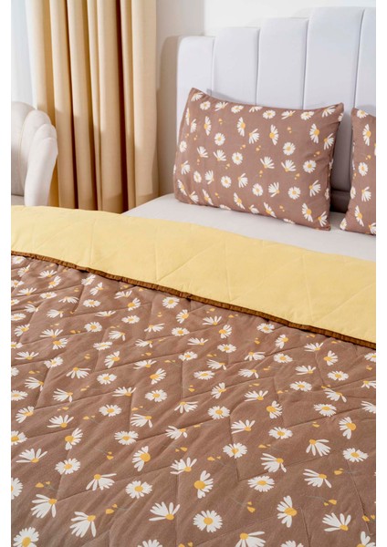 Kahve Papatyalı Çift Kişilik Pamuklu Kapitone Pike & Yatak Örtüsü