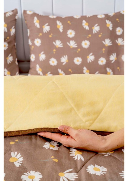 Kahve Papatyalı Çift Kişilik Pamuklu Kapitone Pike & Yatak Örtüsü