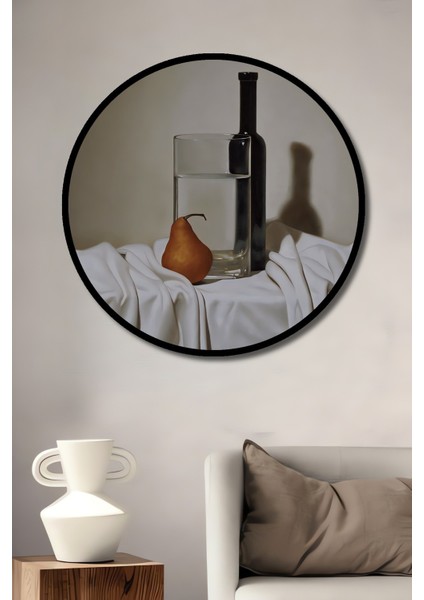 Dekoratif Ahşap Yuvarlak Çerçeve Görünümlü Tablo Armut ve Şişe