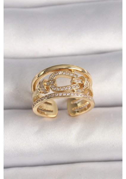 Pirinç Gold Renk Ayarlanabilir Zirkon Taşlı Gemici Düğümü Model Kadın Yüzük