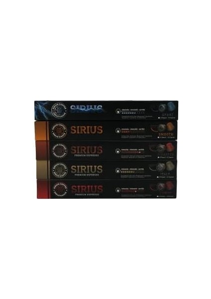 Sirius Premium Kapsül Kahve 5'li Set (Lungo, Italy, Ristretto, Smooth, Sport) (5 x 10 Adet) modelleri