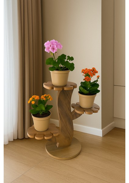 3 Raflı Ahşap Çiçeklik Yaprak Görünümlü Raf Saksılık