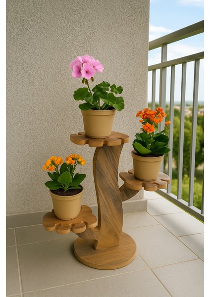 3 Raflı Ahşap Çiçeklik Yaprak Görünümlü Raf Saksılık modelleri