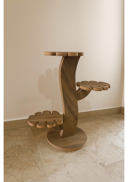 3 Raflı Ahşap Çiçeklik Yaprak Görünümlü Raf Saksılık