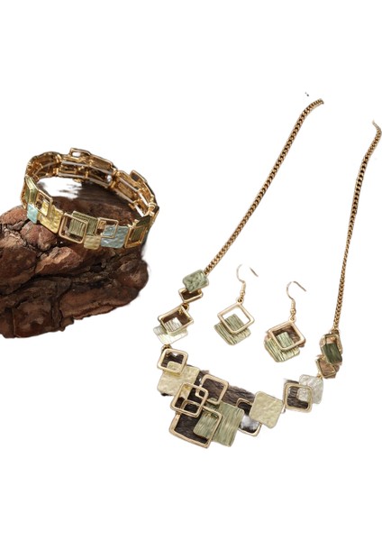 Yüksek Dereceli Bayan Renk Boyama Yağı Geometrik Kare Küpe Bilezik Kolye Seti (Yurt Dışından)