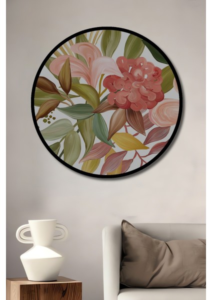 Dekoratif Ahşap Yuvarlak Çerçeve Görünümlü Tablo Gül ve Yapraklar