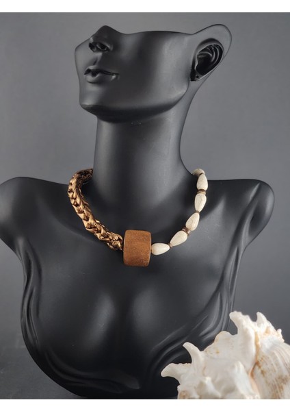 Eşsiz Tasarım Beyaz Turkuaz Taşlı Örme Kolye (45 Cm)