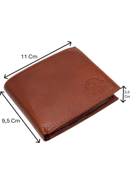 Hakiki Deri Kağıt Para, Bozuk Para ve Bol Kart Bölmeli Erkek Cüzdanı - Taba