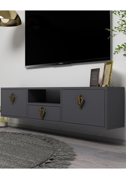 1316DROPCT-32 Duvara Montaj Tv Sehpası Antrasit-Altın