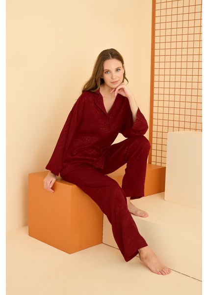 Bordo Önden Düğmeli Pijama Takım