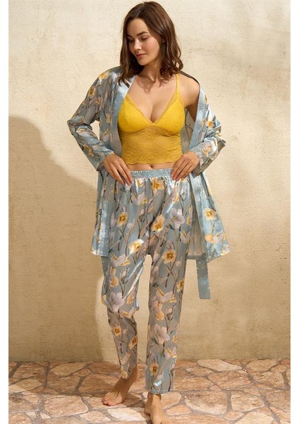 Saten Çiçek Baskılı Sabahlık Balensiz Desteksiz Dolgusuz Dantelli Bralet Sütyen ve Pantolon Pijama 3'lü Takım