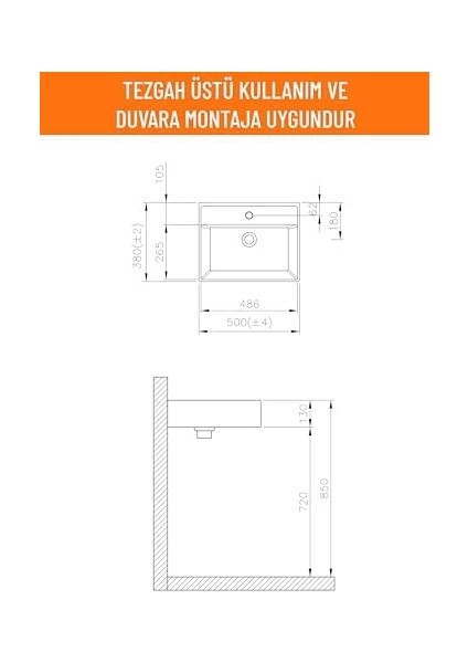 Bagno Plan Tezgah Üstü Kare Çanak Lavabo, 50X38 Cm. Beyaz modelleri
