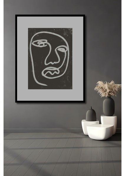 Dekoratif Ahşap Dikdörtgen Tablo Soyut Yüz Çizgisi Çerçeve Görünümlü