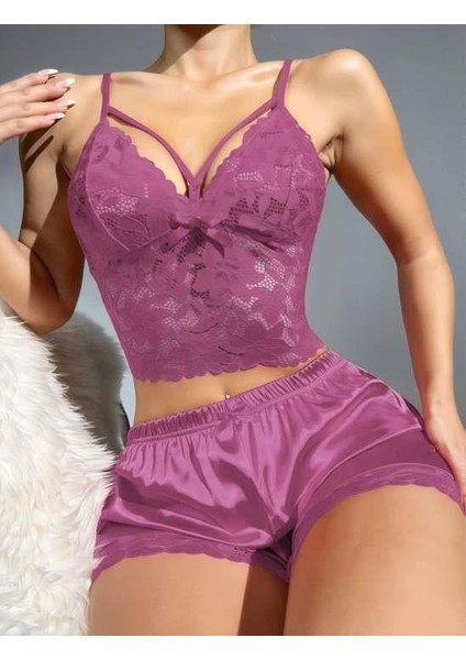 Dantelli Büstiyer Ince Askılı Lila Saten Şortlu Takım