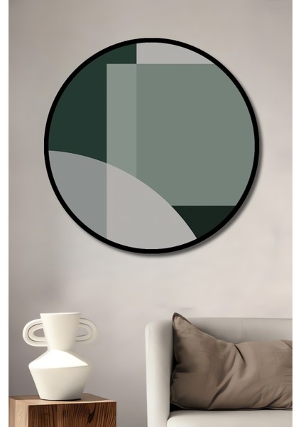 Dekoratif Ahşap Yuvarlak Çerçeve Görünümlü Tablo Geometrik Yeşil Harmoni