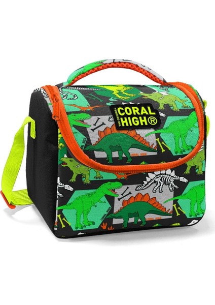 Siyah Yeşil Dinazor Baskılı Erkek Çocuk Beslenme Çantası
