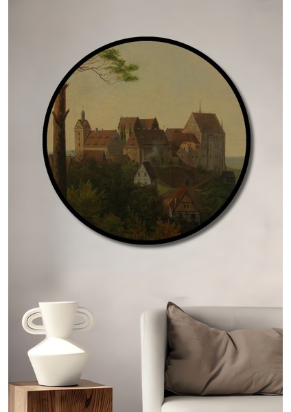 Dekoratif Ahşap Yuvarlak Çerçeve Görünümlü Tablo Orman Içinde Kale