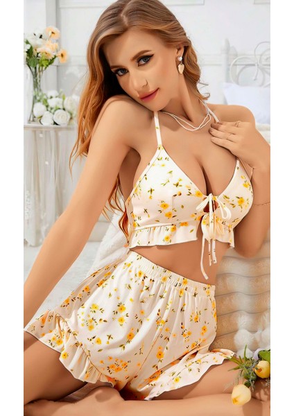 Kadın Çiçekli Ekru Askılı Şortlu Pijama Takım 5017