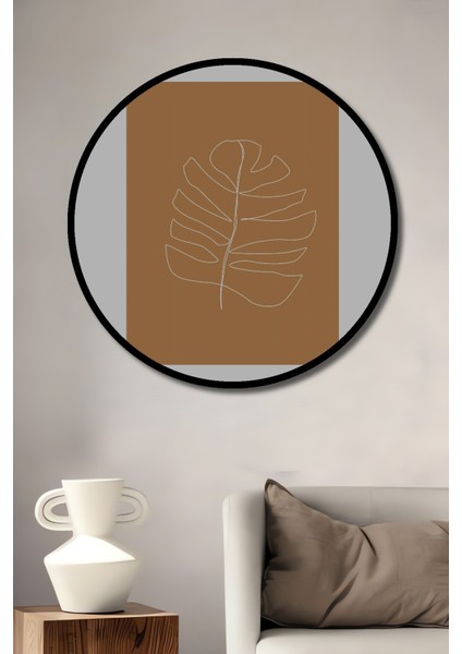 Dekoratif Ahşap Yuvarlak Çerçeve Görünümlü Tablo Monstera Yaprağı