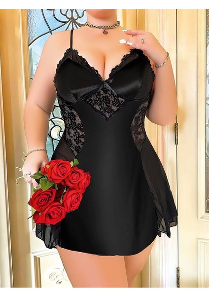 Büyük Beden Siyah Dantel Işlemeli Ince Askılı Saten Gecelik modelleri