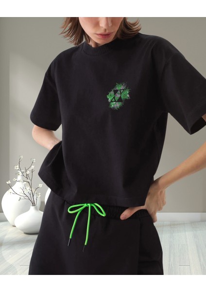 xint Kadın Oversize Bisiklet Yaka Logo Baskılı Örme Pamuklu Tişört