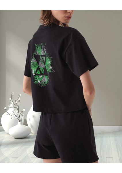 xint Kadın Oversize Bisiklet Yaka Logo Baskılı Örme Pamuklu Tişört modelleri