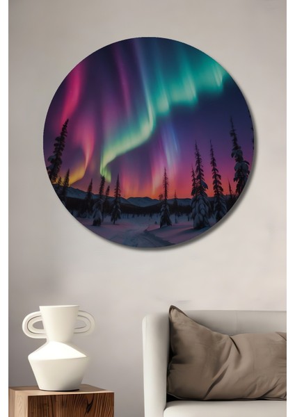 Dekoratif Ahşap Yuvarlak Tablo Kuzey Işıkları Ormanı